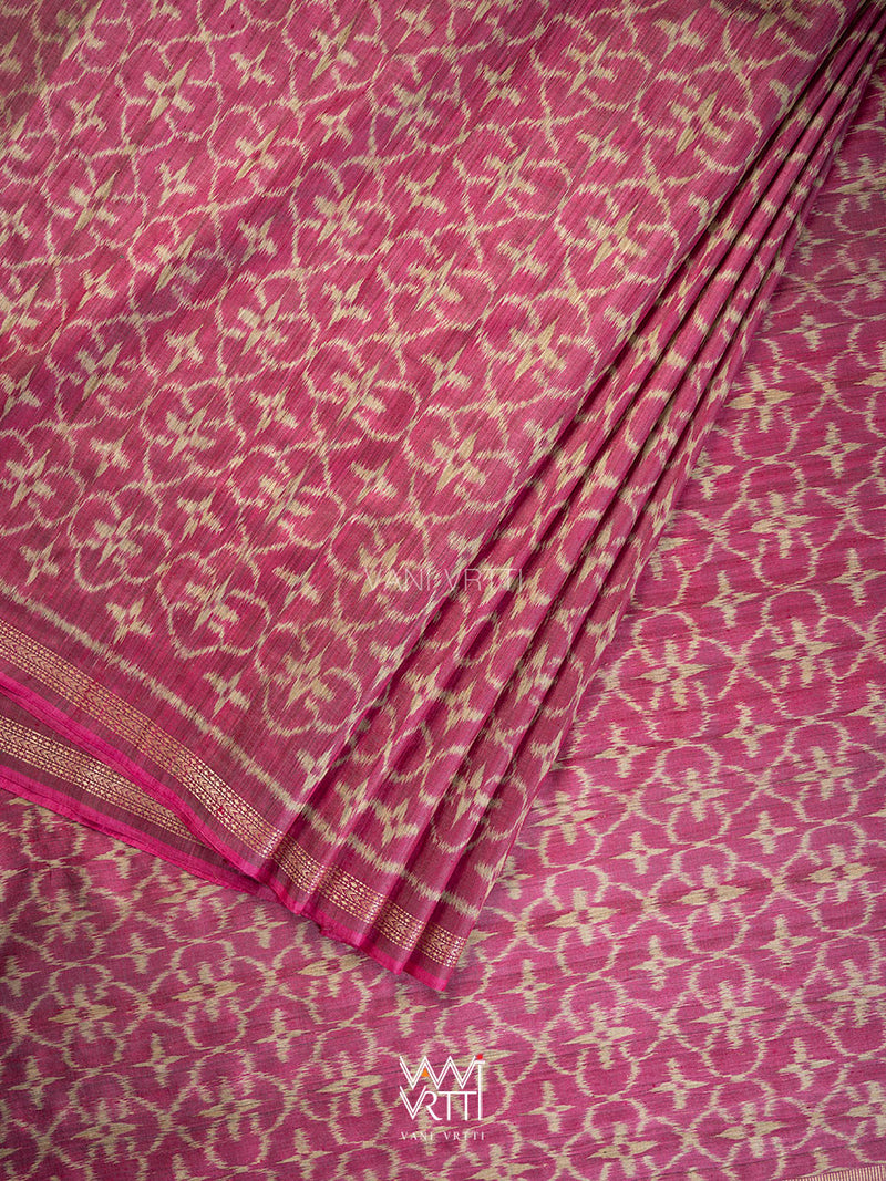 Deep Pink Chrysanthemum Master Weave Designer Handspun Ikat Tussar Silk Saree