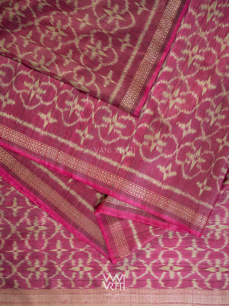 Deep Pink Chrysanthemum Master Weave Designer Handspun Ikat Tussar Silk Saree