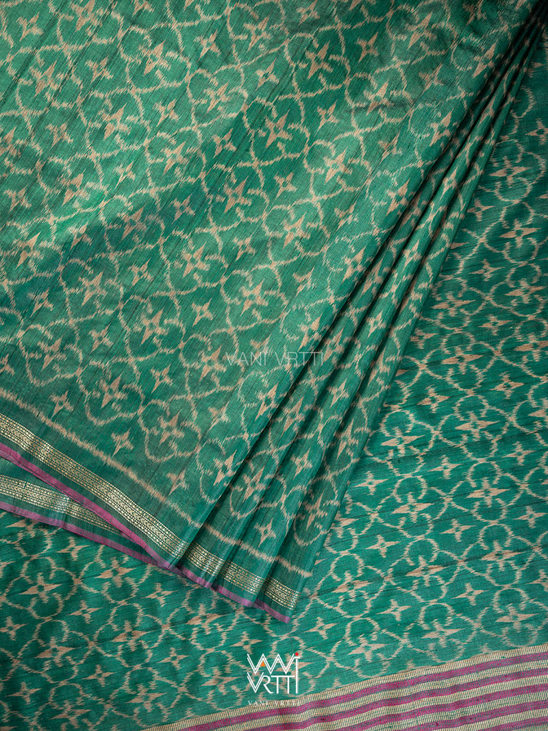 Deep Teal Green Chrysanthemum Master Weave Designer Handspun Ikat Tussar Silk Sari