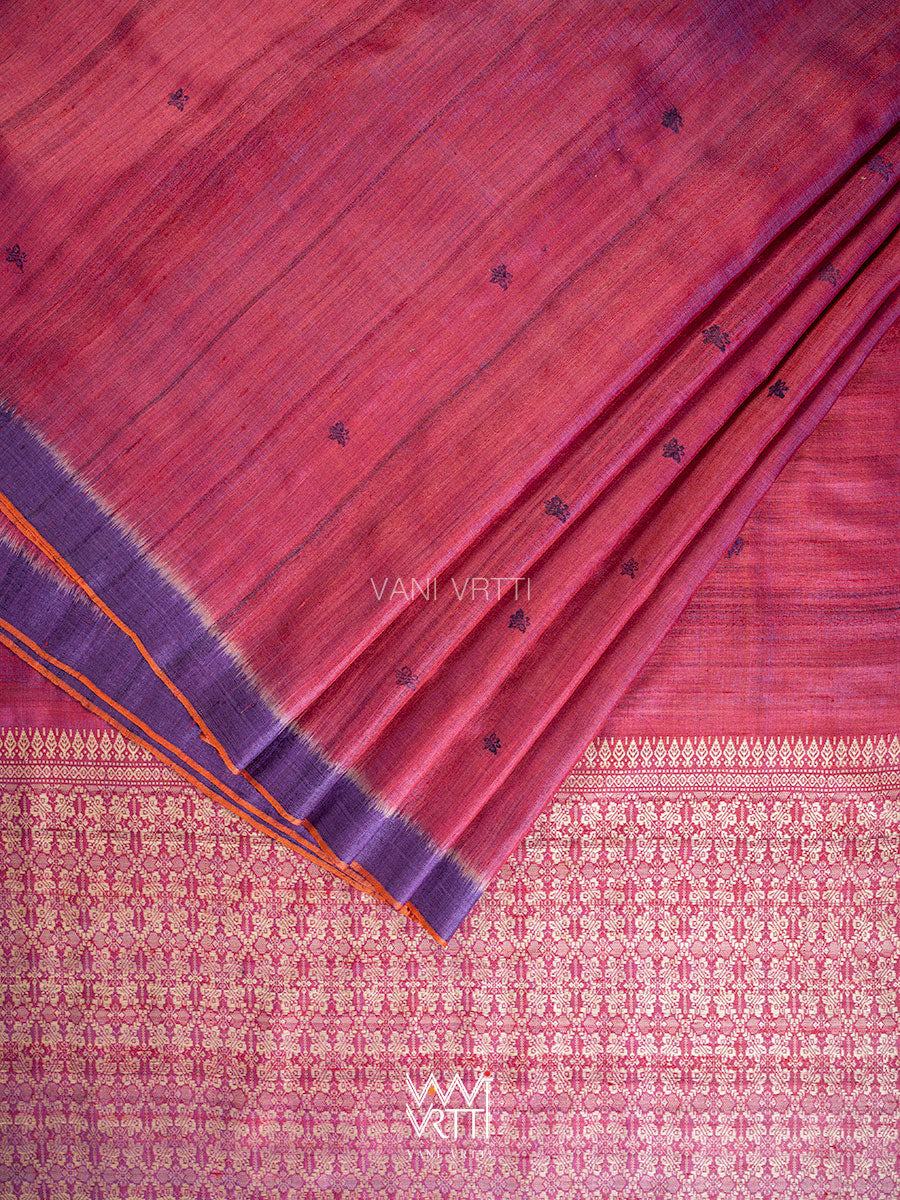 Deep Red Violet Nabh Butterfly Handspun Tussar Silk Saree