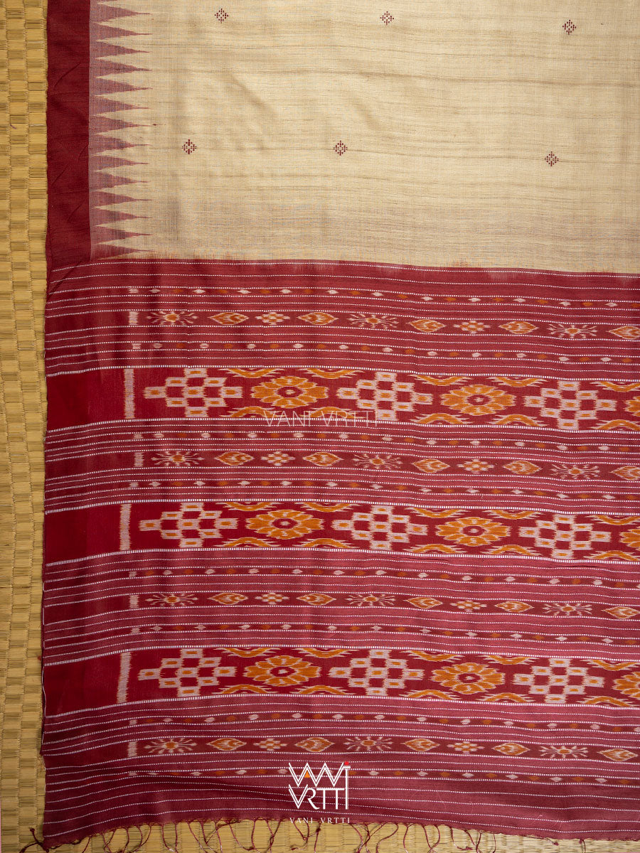 Off White Coffee Ikat Traditional Gopalpur Handspun Tussar Silk Saree