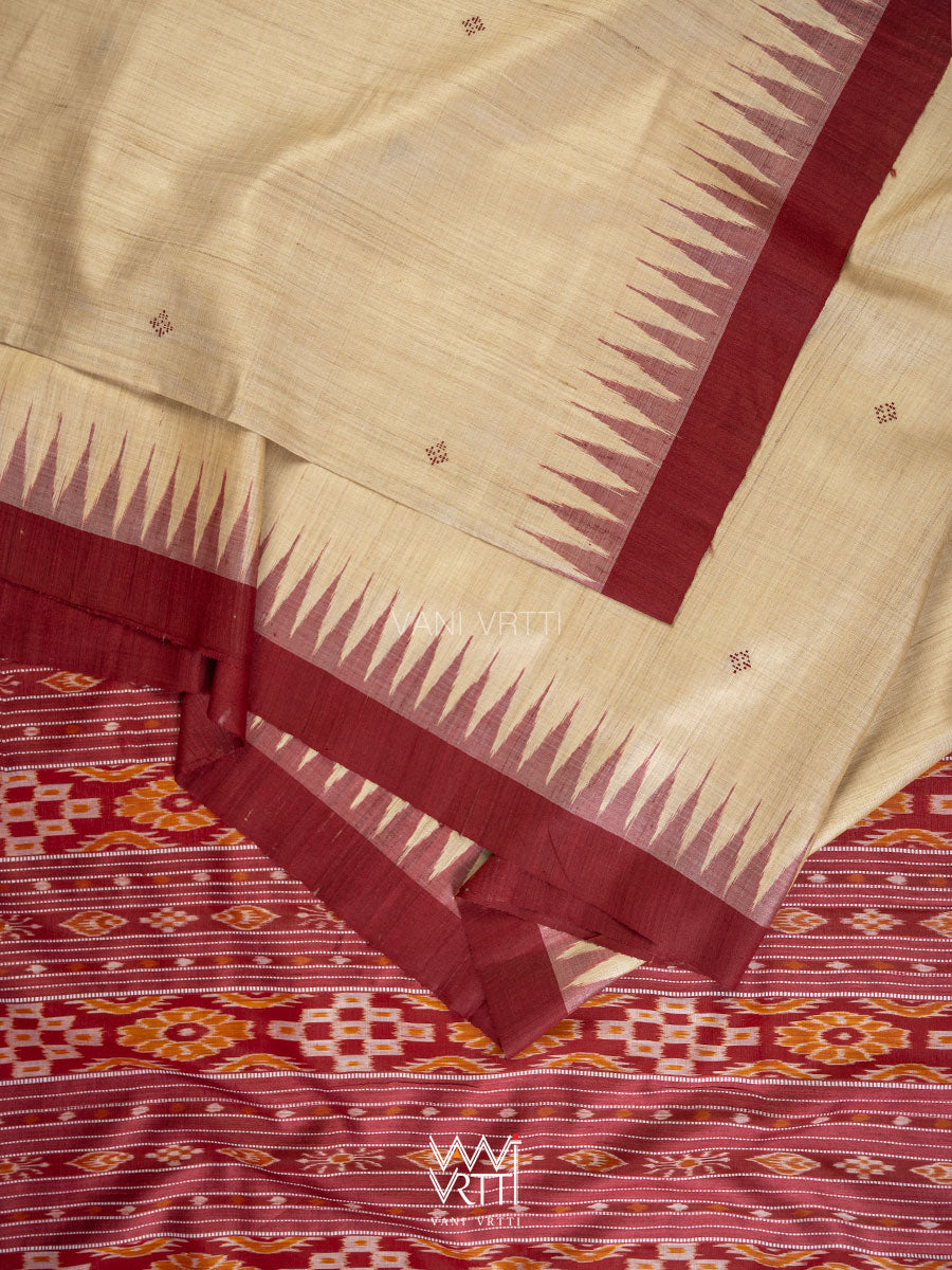 Off White Coffee Ikat Traditional Gopalpur Handspun Tussar Silk Saree