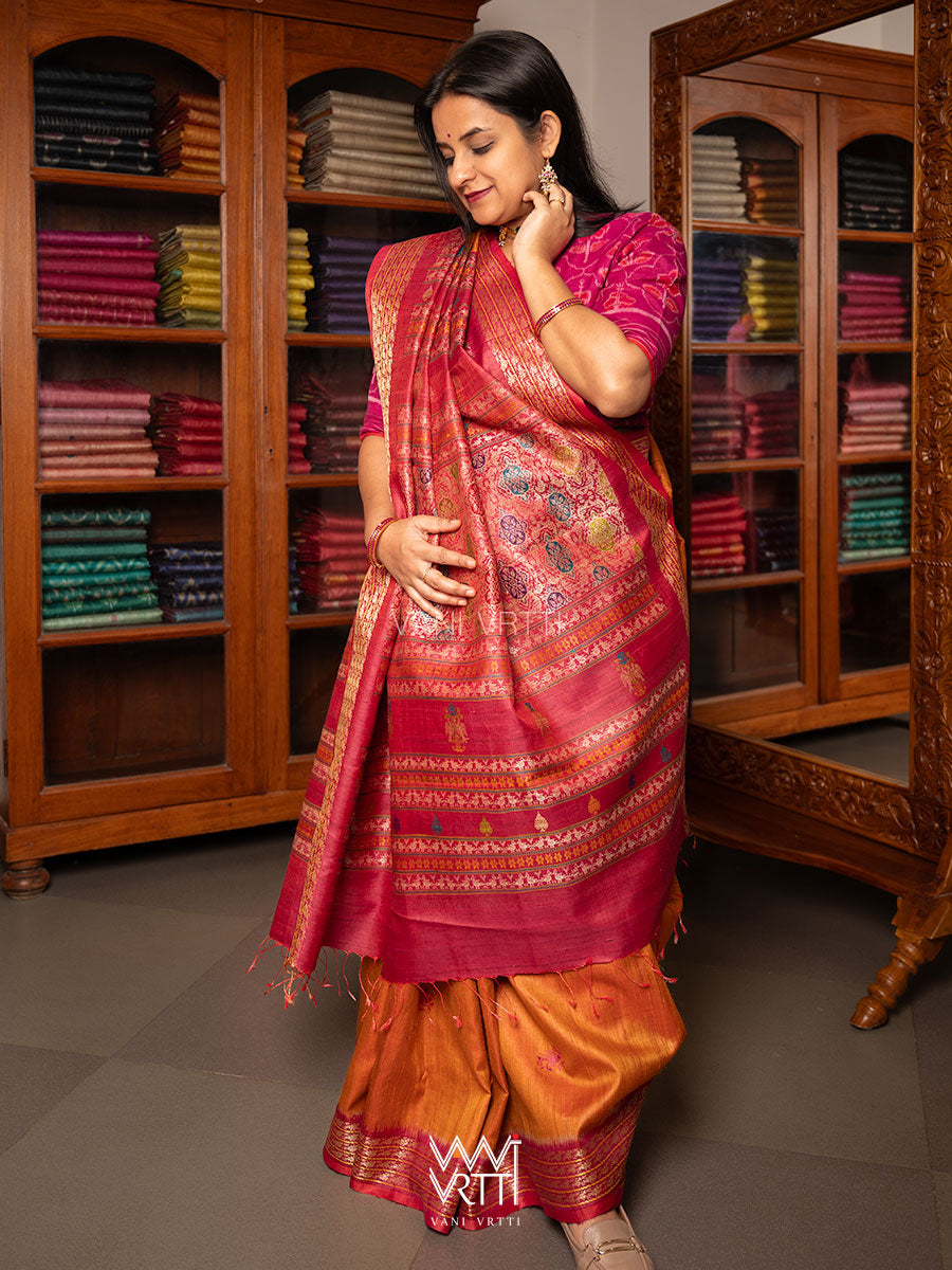 Orange Pink  Nightingale Master Weave Exclusive Handspun Tussar Silk Saree