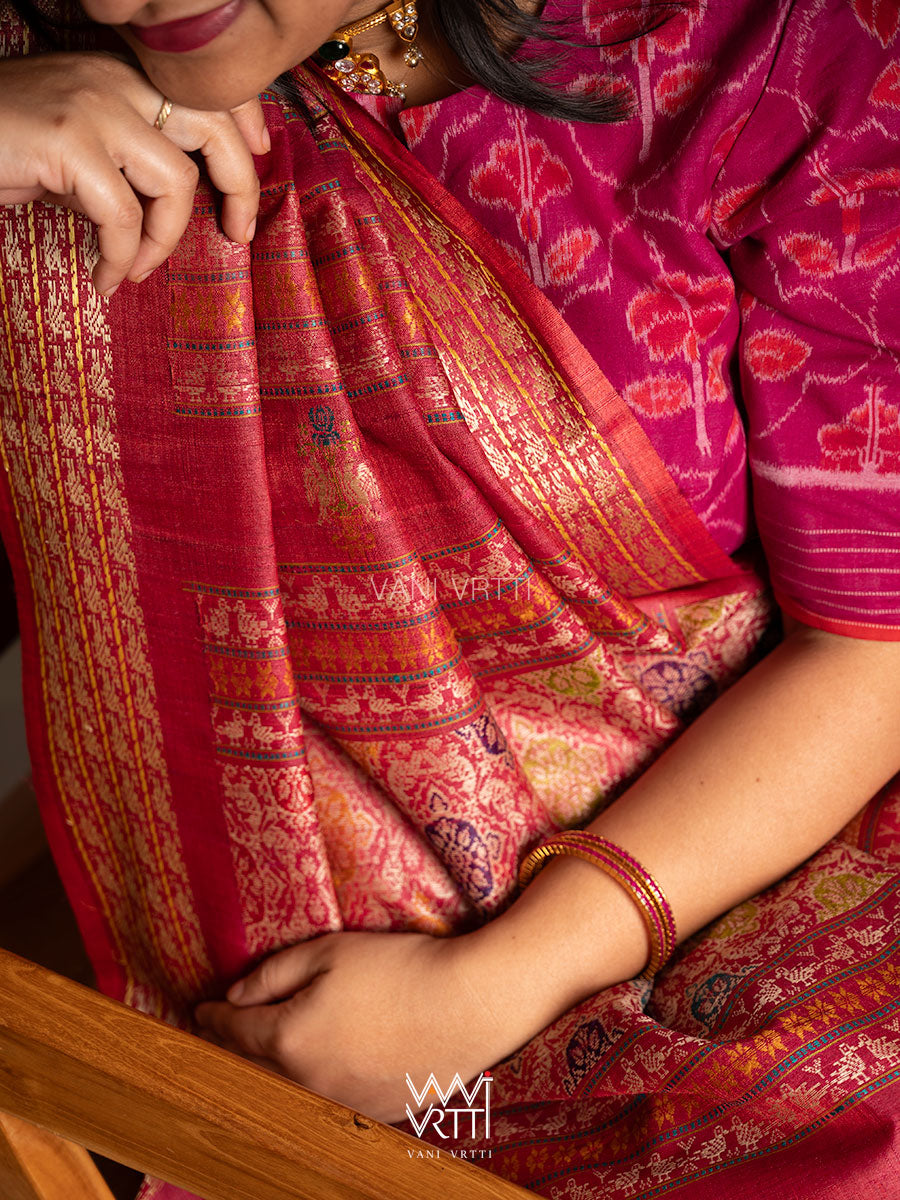 Orange Pink  Nightingale Master Weave Exclusive Handspun Tussar Silk Saree