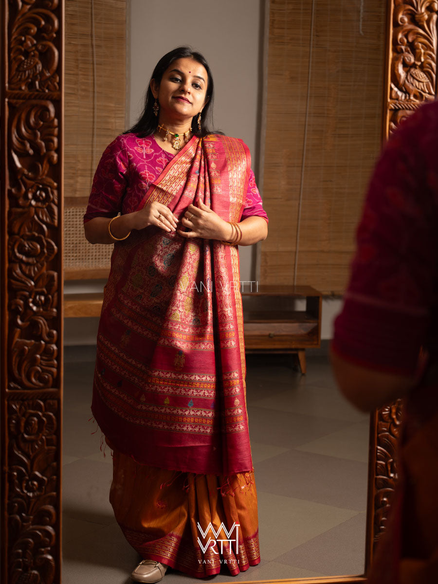 Orange Pink  Nightingale Master Weave Exclusive Handspun Tussar Silk Saree