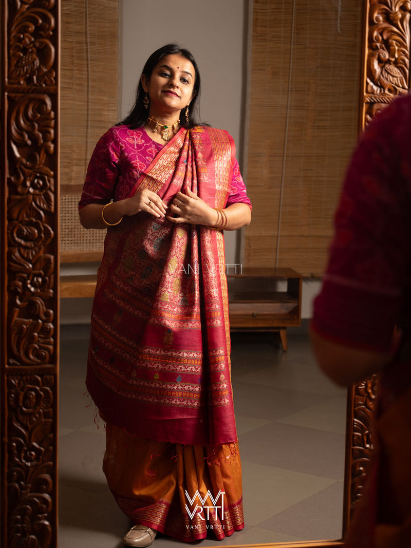 Orange Pink  Nightingale Master Weave Exclusive Handspun Tussar Silk Saree