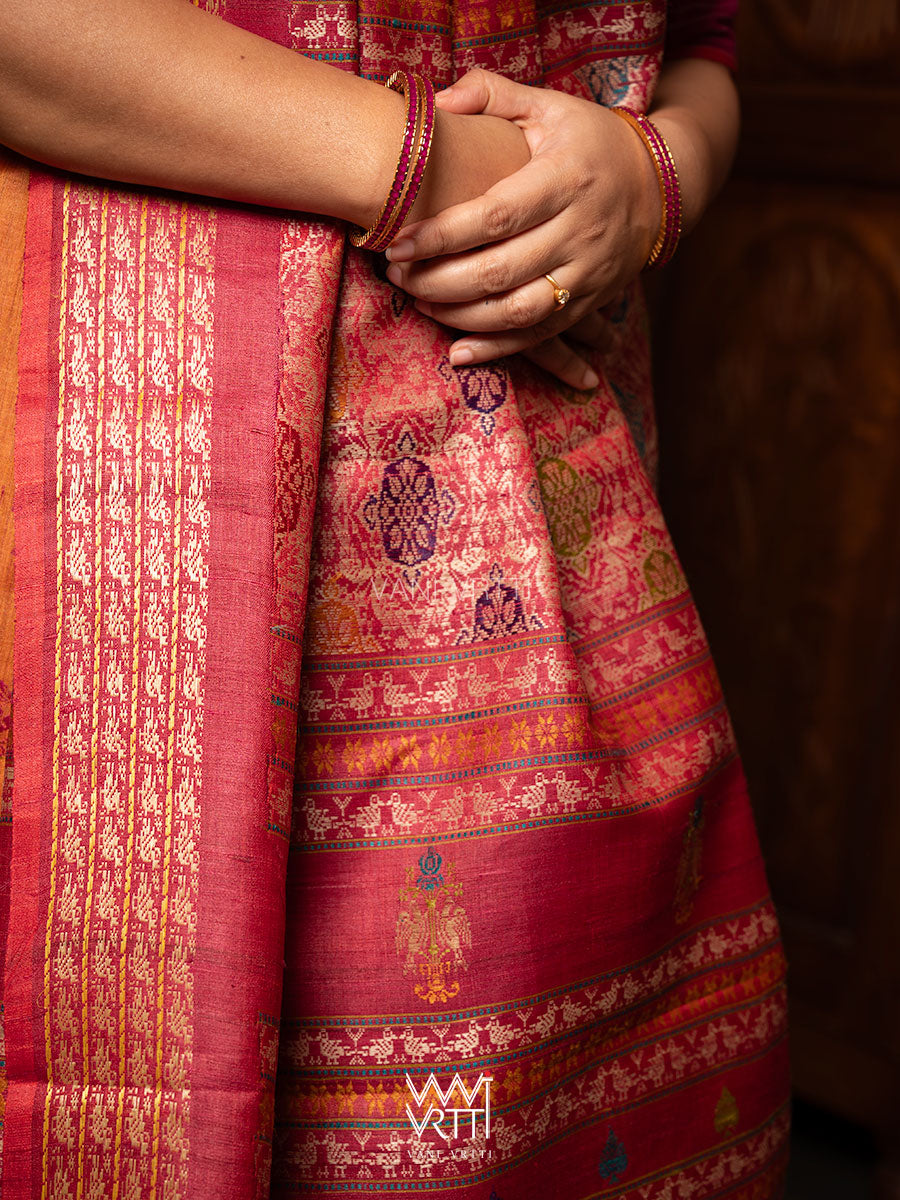 Orange Pink  Nightingale Master Weave Exclusive Handspun Tussar Silk Saree
