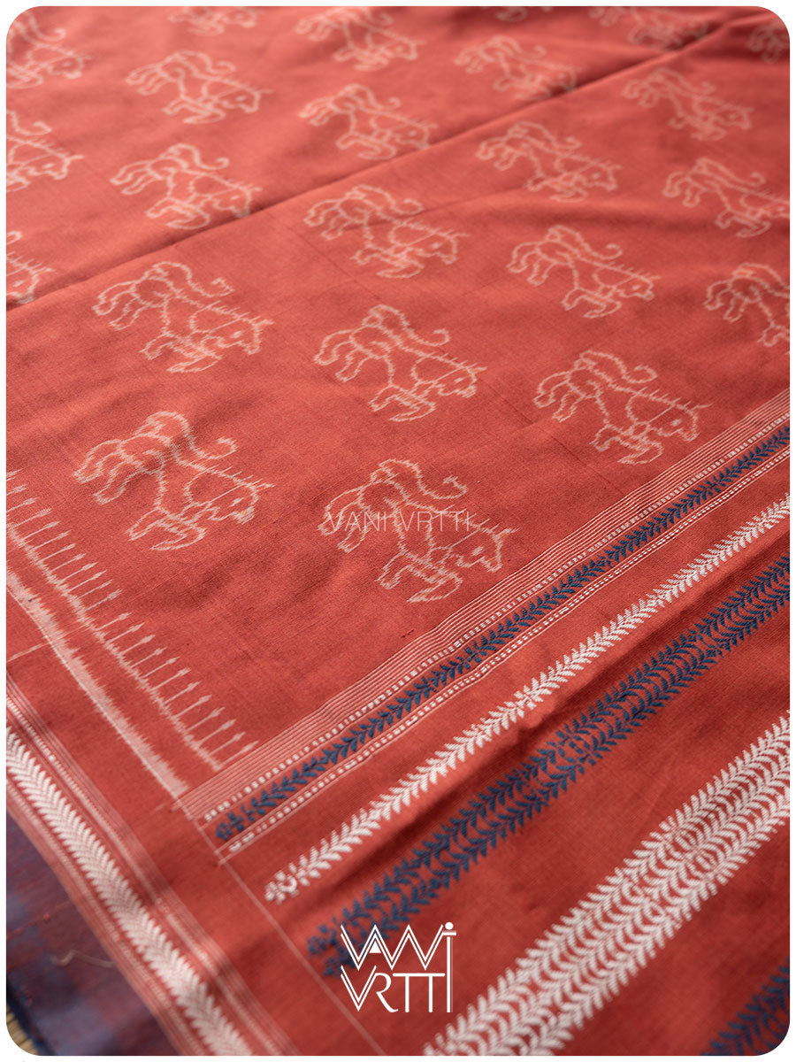 Manjistha Red Singha Lion Natural Dyed Cotton Ikat Saree