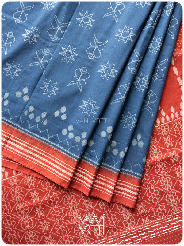 Indigo Red Revival Jotai Natural Dyed Cotton Ikat Saree