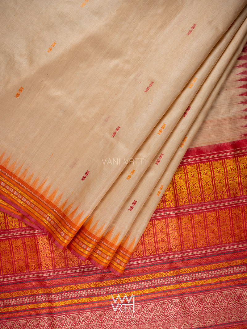 Off White Red Orange Ananta Tussar Silk Saree
