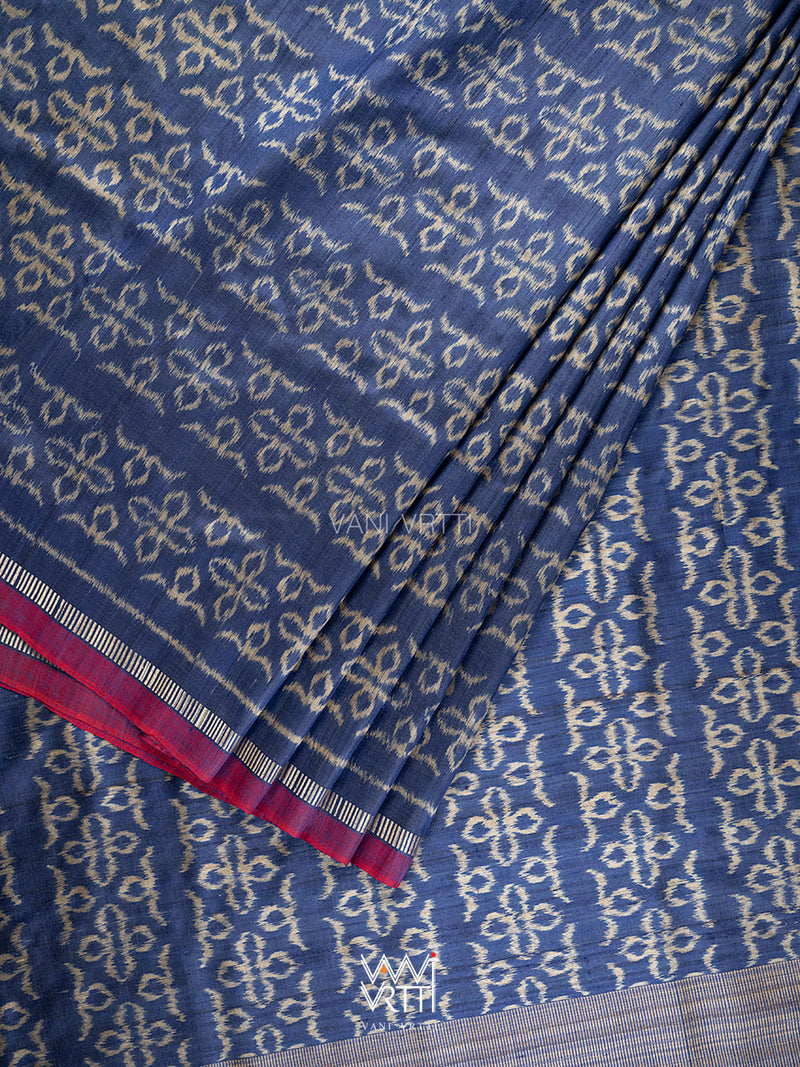 Royal Blue Ashok Phool Ikat Handspun Tussar Silk Saree