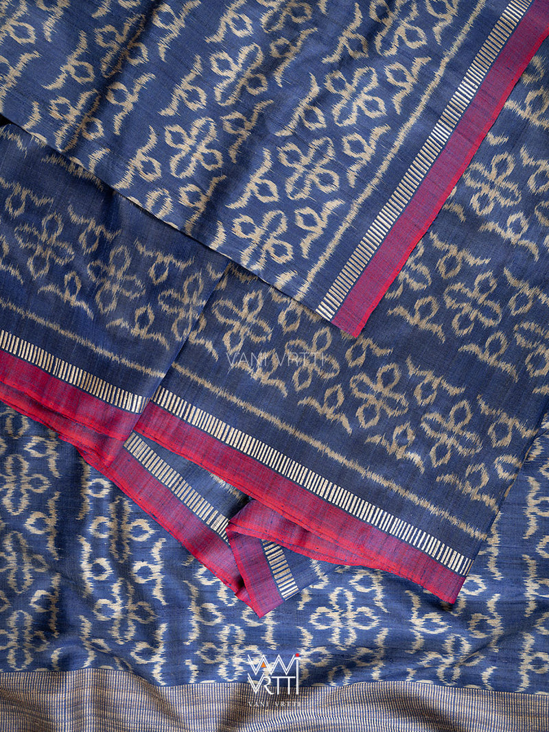 Royal Blue Ashok Phool Ikat Handspun Tussar Silk Saree