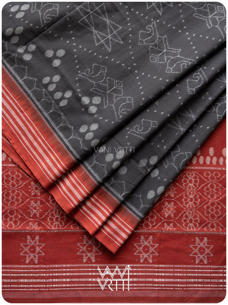 Black Red Jotai Natural Dyed Cotton Ikat Saree