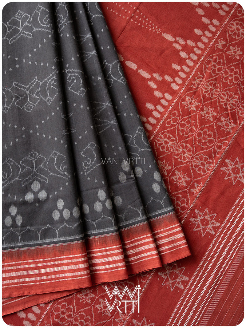 Black Red Jotai Natural Dyed Cotton Ikat Saree
