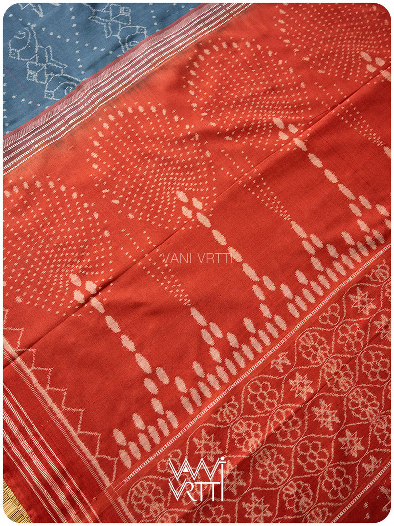 Indigo Blue Red Jotai Natural Dyed Cotton Ikat Saree