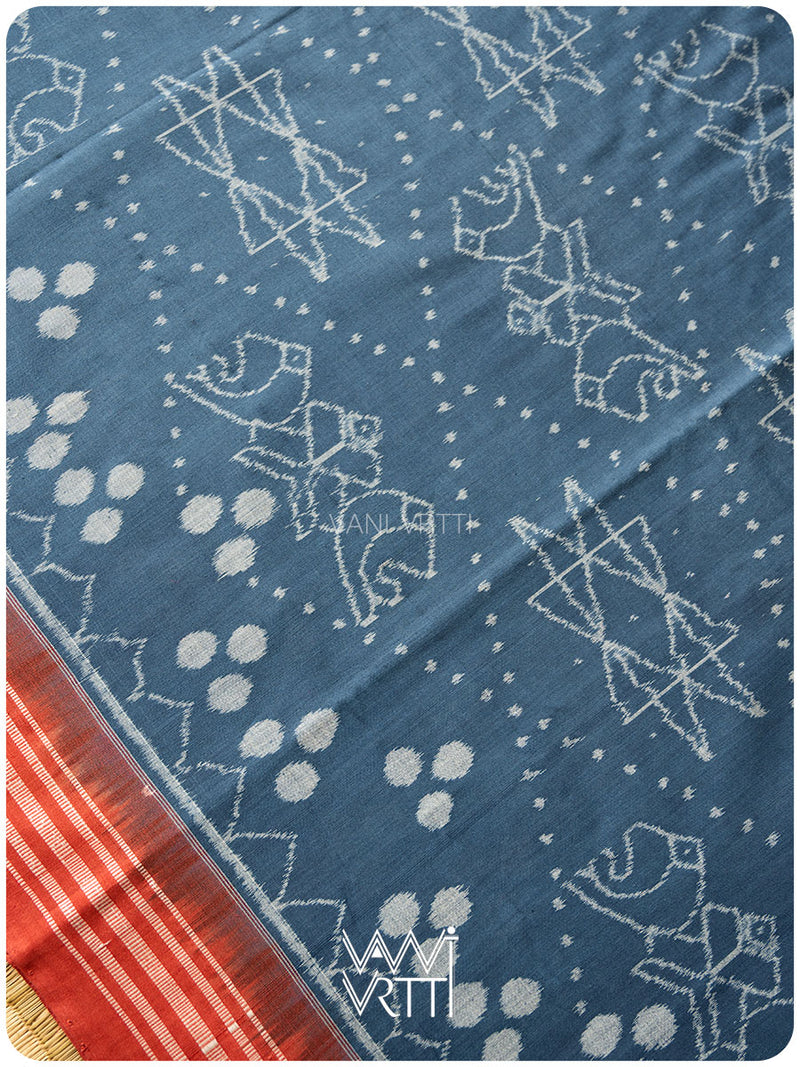 Indigo Blue Red Jotai Natural Dyed Cotton Ikat Saree