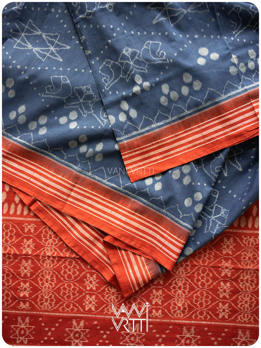 Indigo Blue Red Jotai Natural Dyed Cotton Ikat Saree