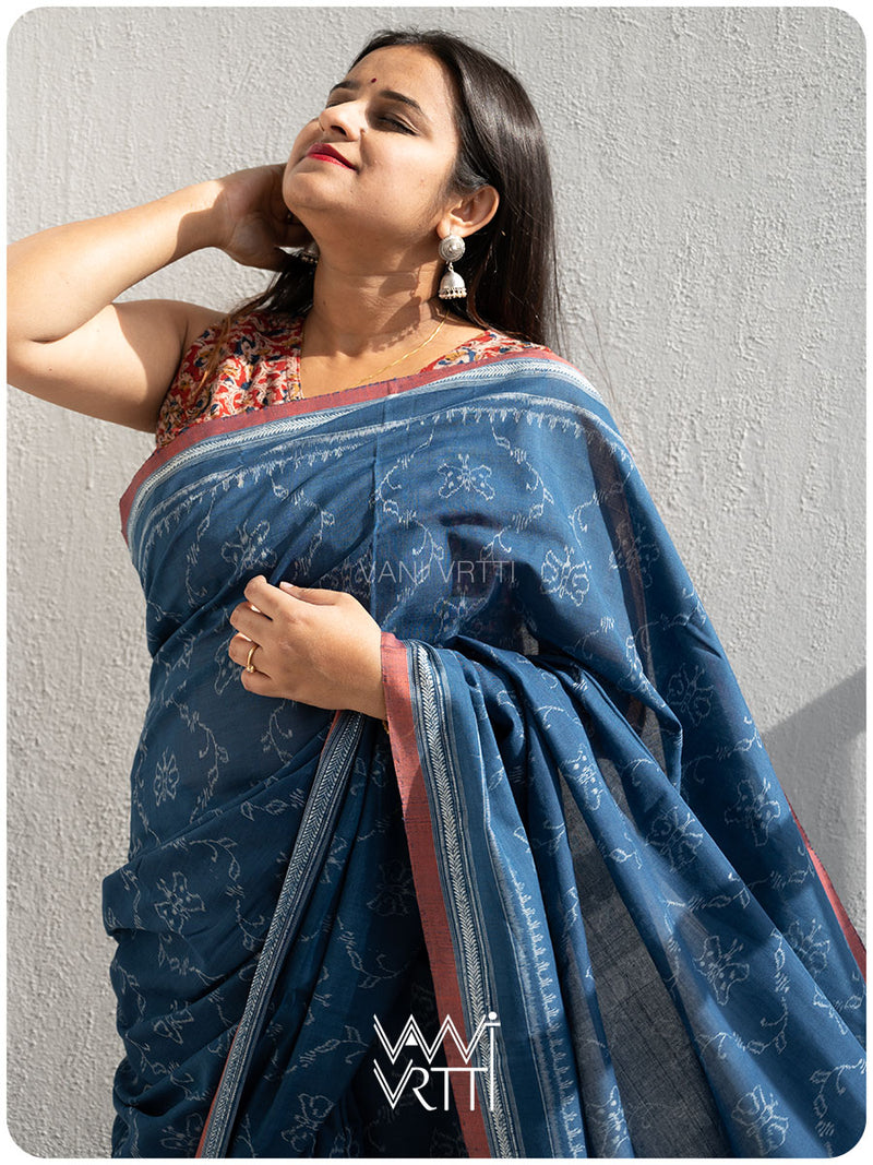 Indigo Butterfly Natural Dyed Cotton Ikat Saree