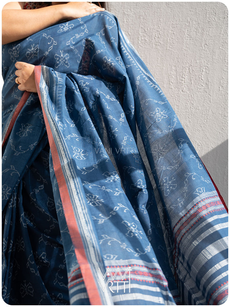 Indigo Butterfly Natural Dyed Cotton Ikat Saree