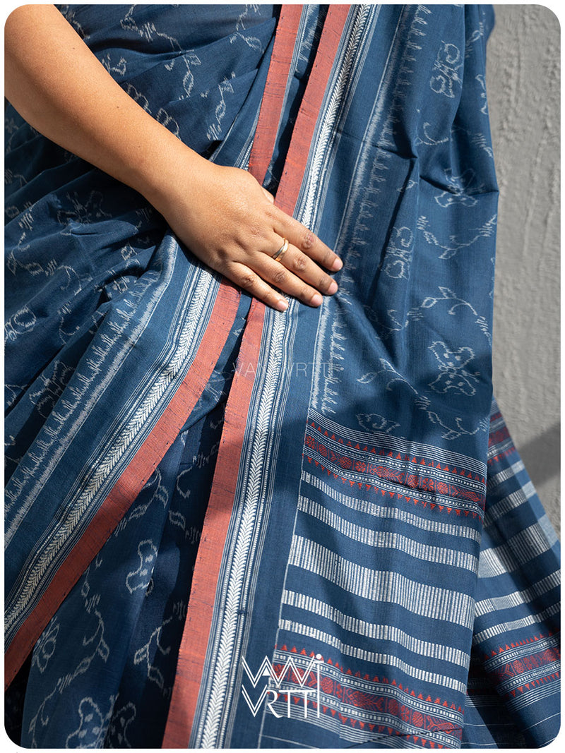 Indigo Butterfly Natural Dyed Cotton Ikat Saree