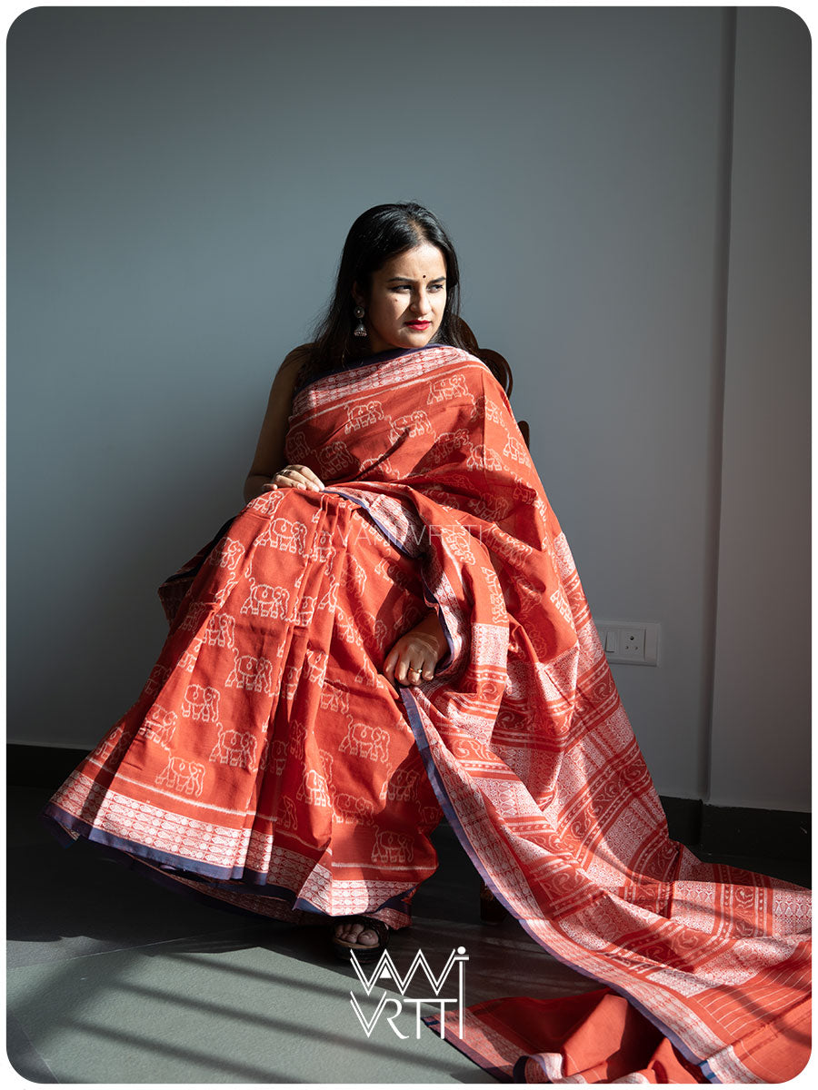 Madder Elephant Natural Dyed Cotton Ikat Saree