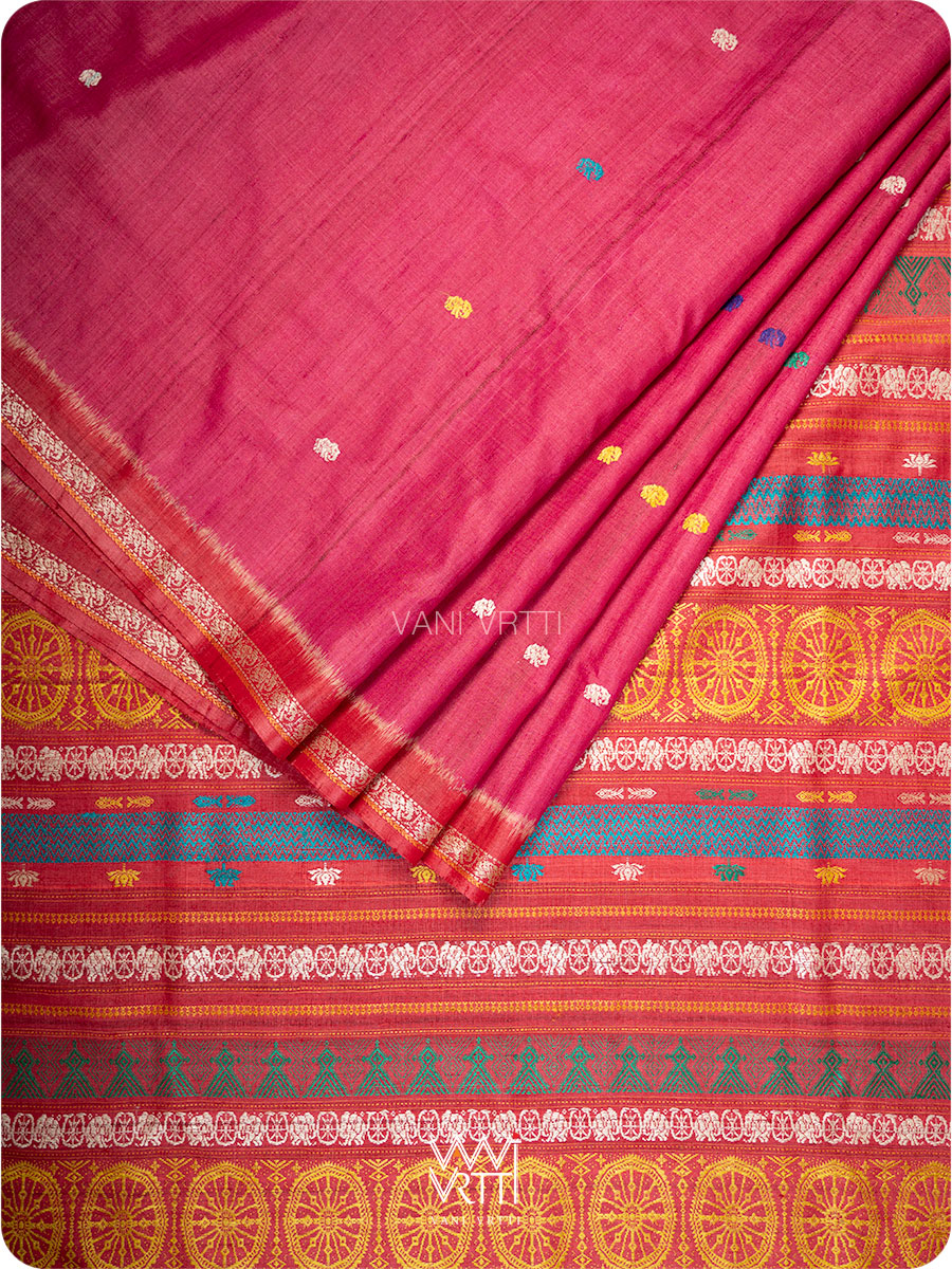 Folded pink red tussar silk Konark saree with Airavata border