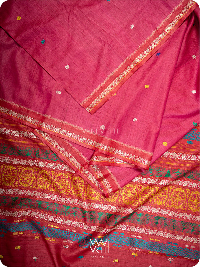 Ikat border close up with Airavata elephant motifs on pink red tussar silk