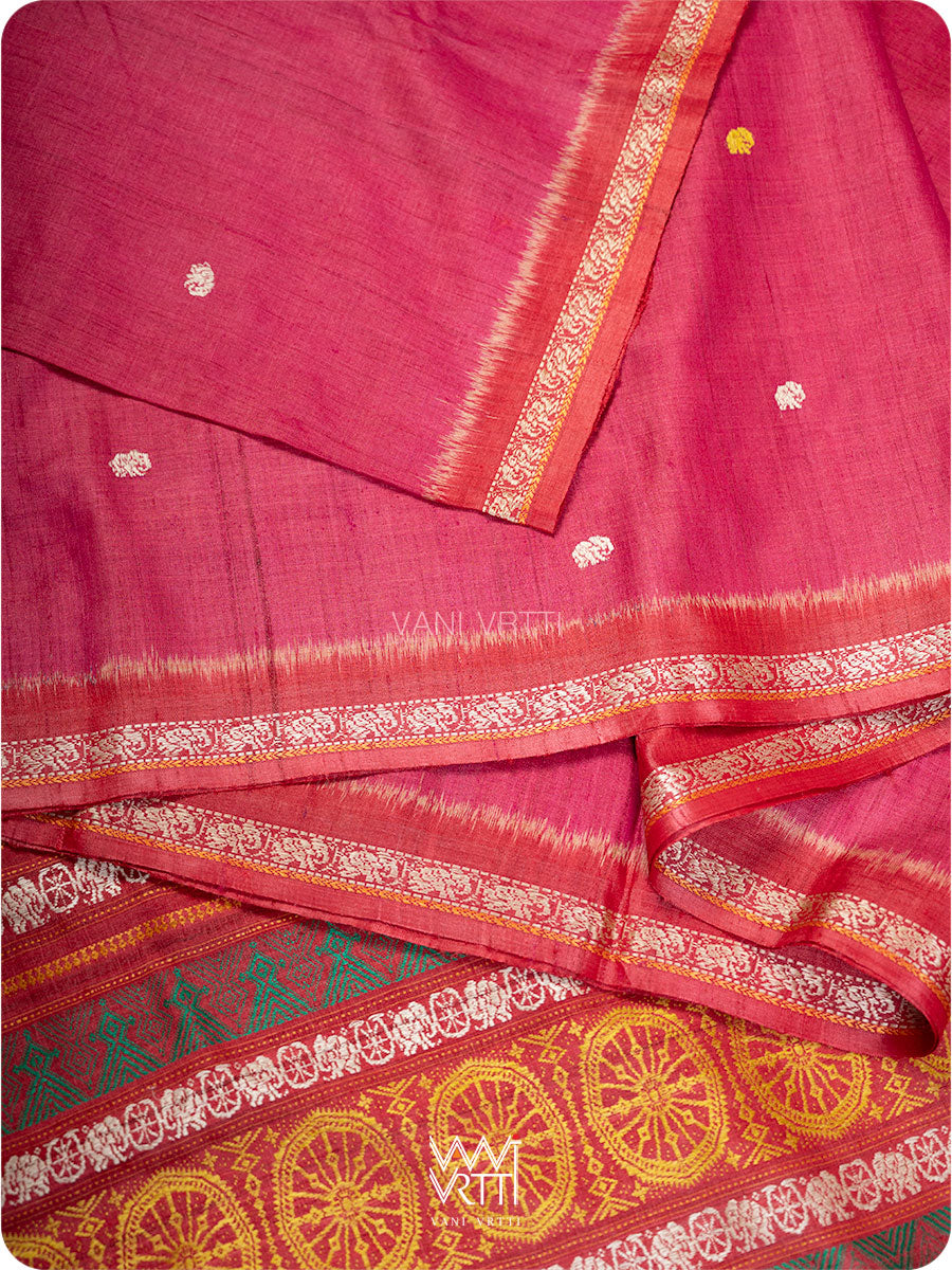 Ikat border with Airavata elephant and lotus motifs on pink red tussar silk