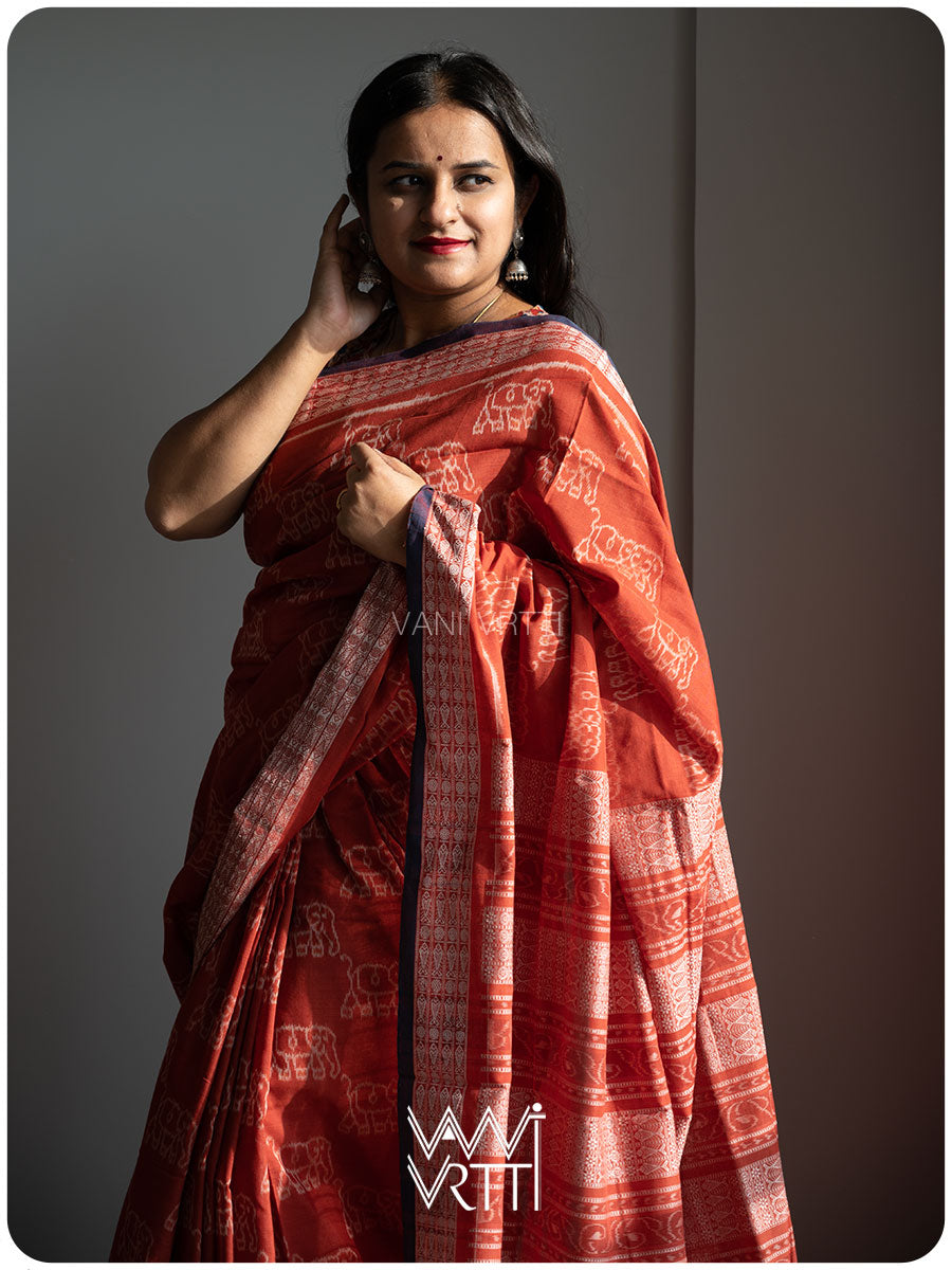 Madder Elephant Natural Dyed Cotton Ikat Saree