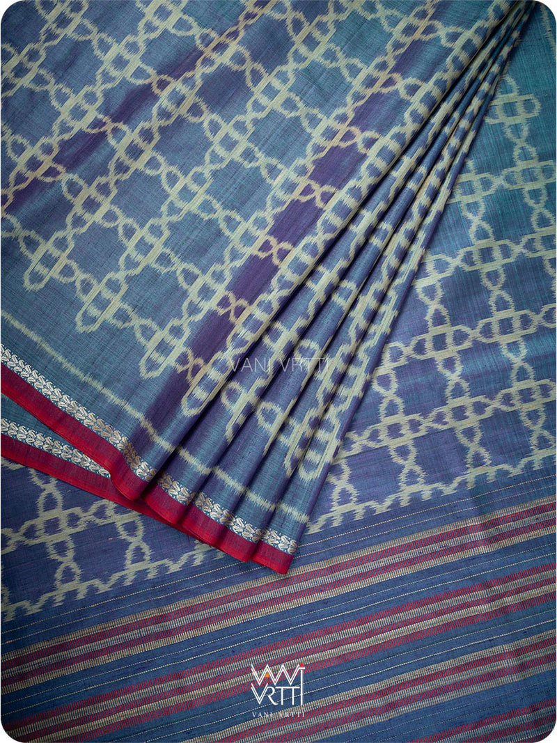 Purple Firozi Mughal Jaal Ikat Handspun Tussar Silk Saree