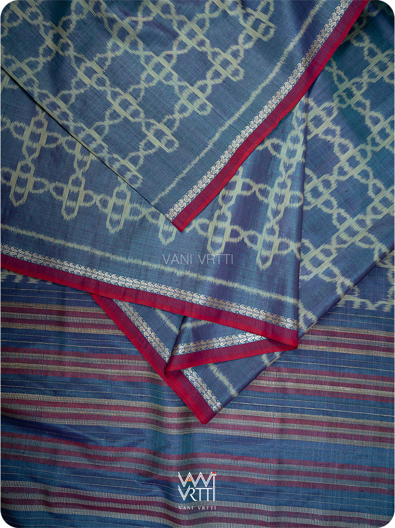 Purple Firozi Mughal Jaal Ikat Handspun Tussar Silk Saree