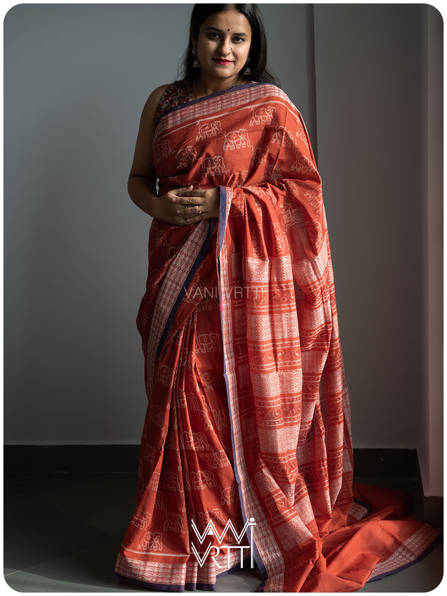 Madder Elephant Natural Dyed Cotton Ikat Saree