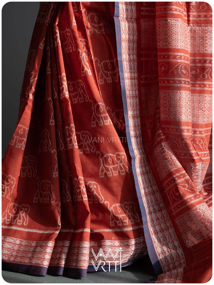 Madder Elephant Natural Dyed Cotton Ikat Saree