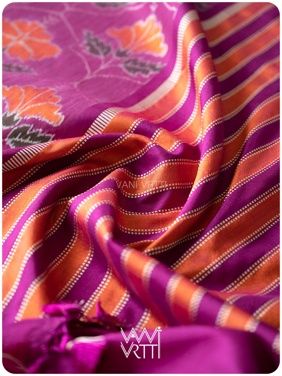 Deep Purplish Bougainvillea Pink Laal Jaba Mulberry Silk Ikat Sari