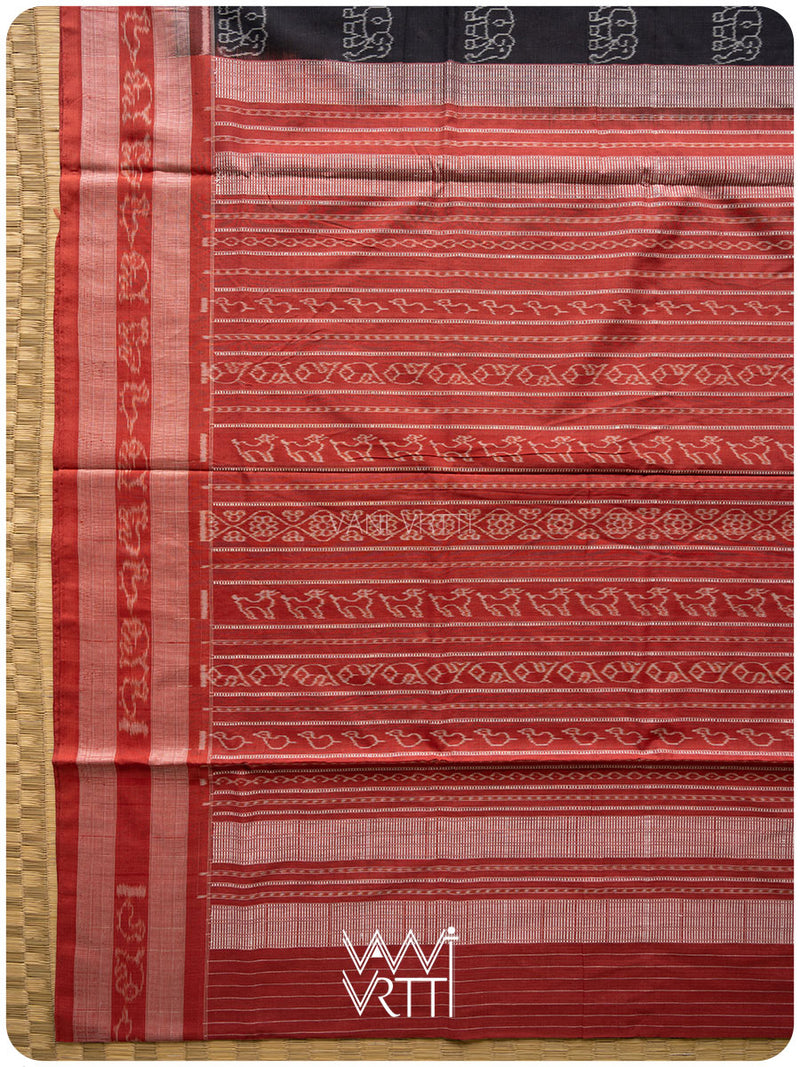 Black Red Hathi Natural Dyed Cotton Ikat Saree