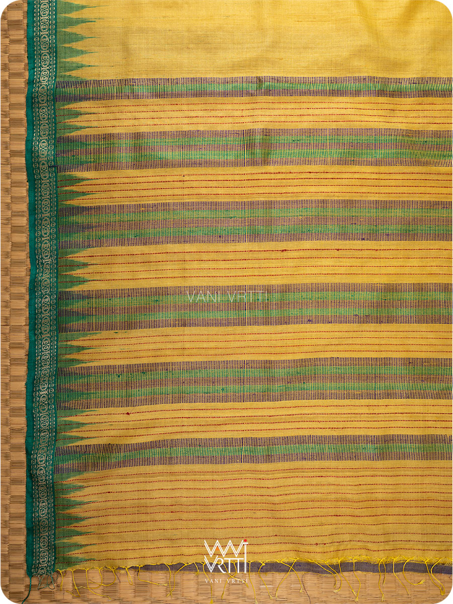 Yellow purple Green Aarush Handspun Tussar Silk Saree