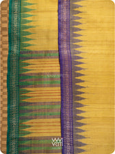 Ikat temple motifs on borders of Aarush saree in yellow, purple, and green tussar
