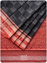 Black Red Hathi Natural Dyed Cotton Ikat Saree