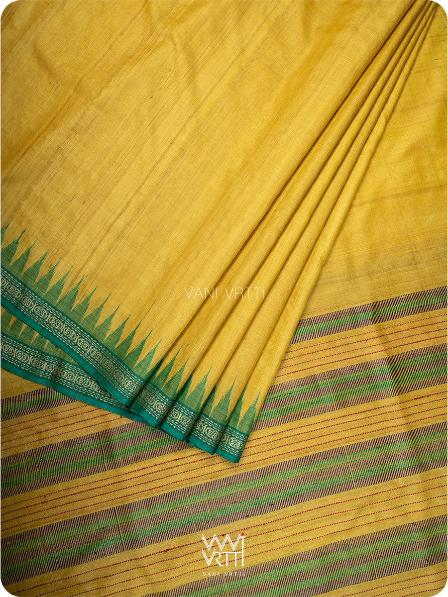 Aarush handspun tussar silk saree in yellow, purple, and green, full view