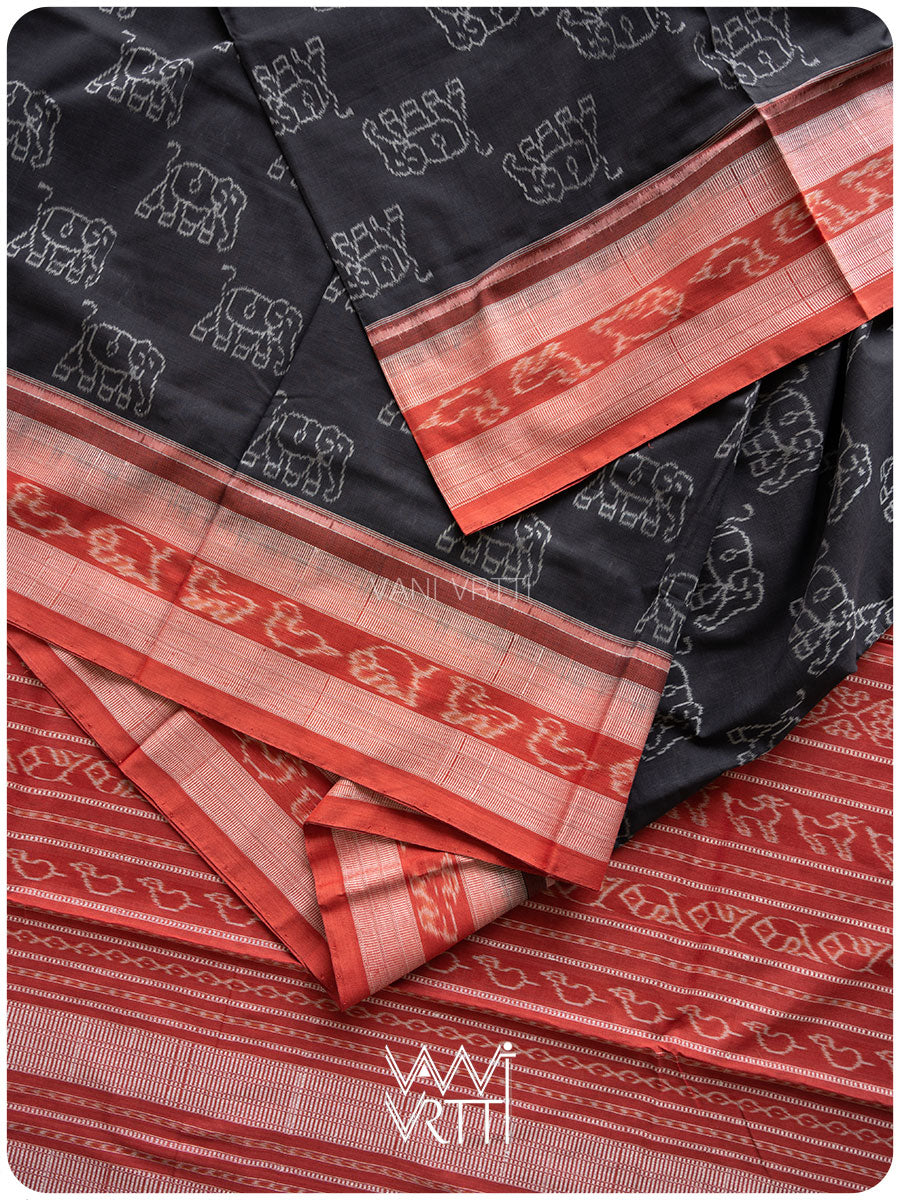 Black Red Hathi Natural Dyed Cotton Ikat Saree