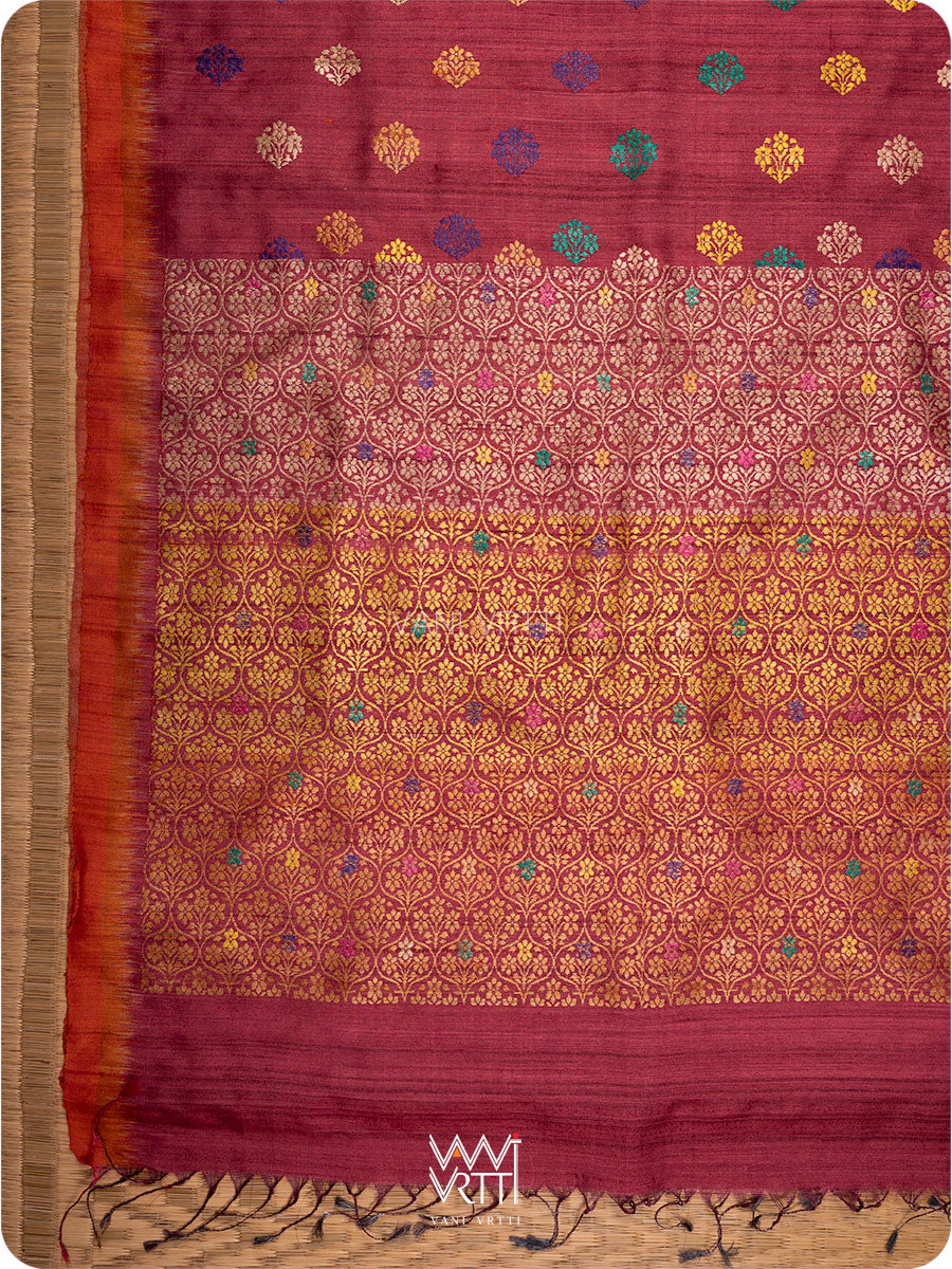 Maroon Orange Parijat Handspun Tussar Silk Saree