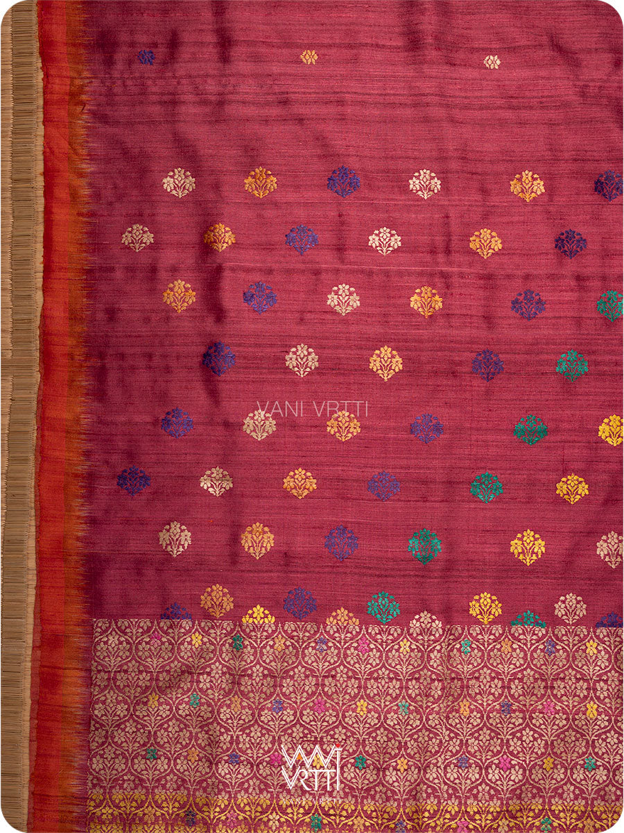 Maroon Orange Parijat Handspun Tussar Silk Saree