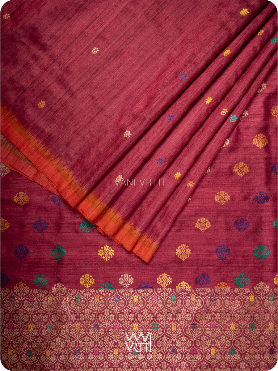Maroon Orange Parijat Handspun Tussar Silk Saree