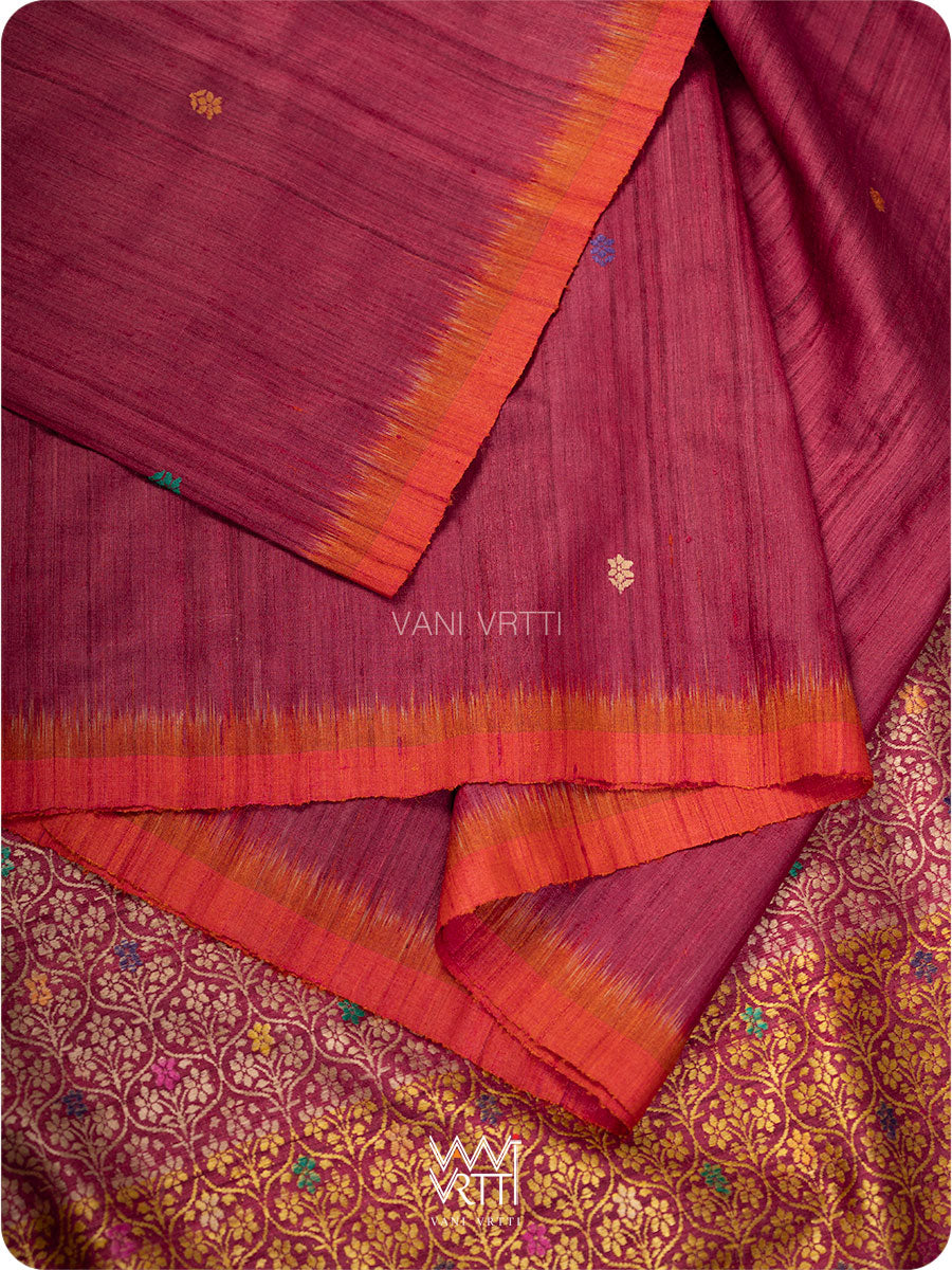 Maroon Orange Parijat Handspun Tussar Silk Saree