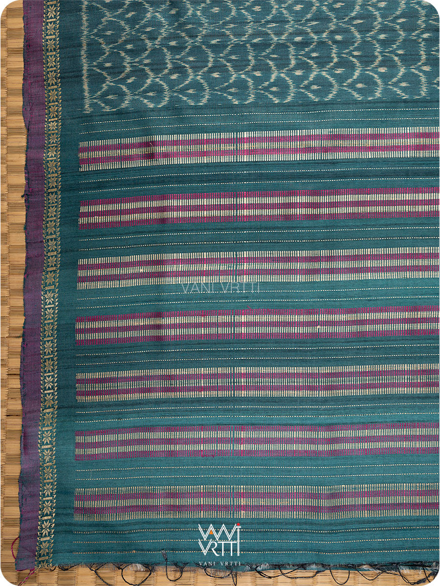 Deep Teal Samudra Lahar Ikat Handspun Tussar Silk Saree