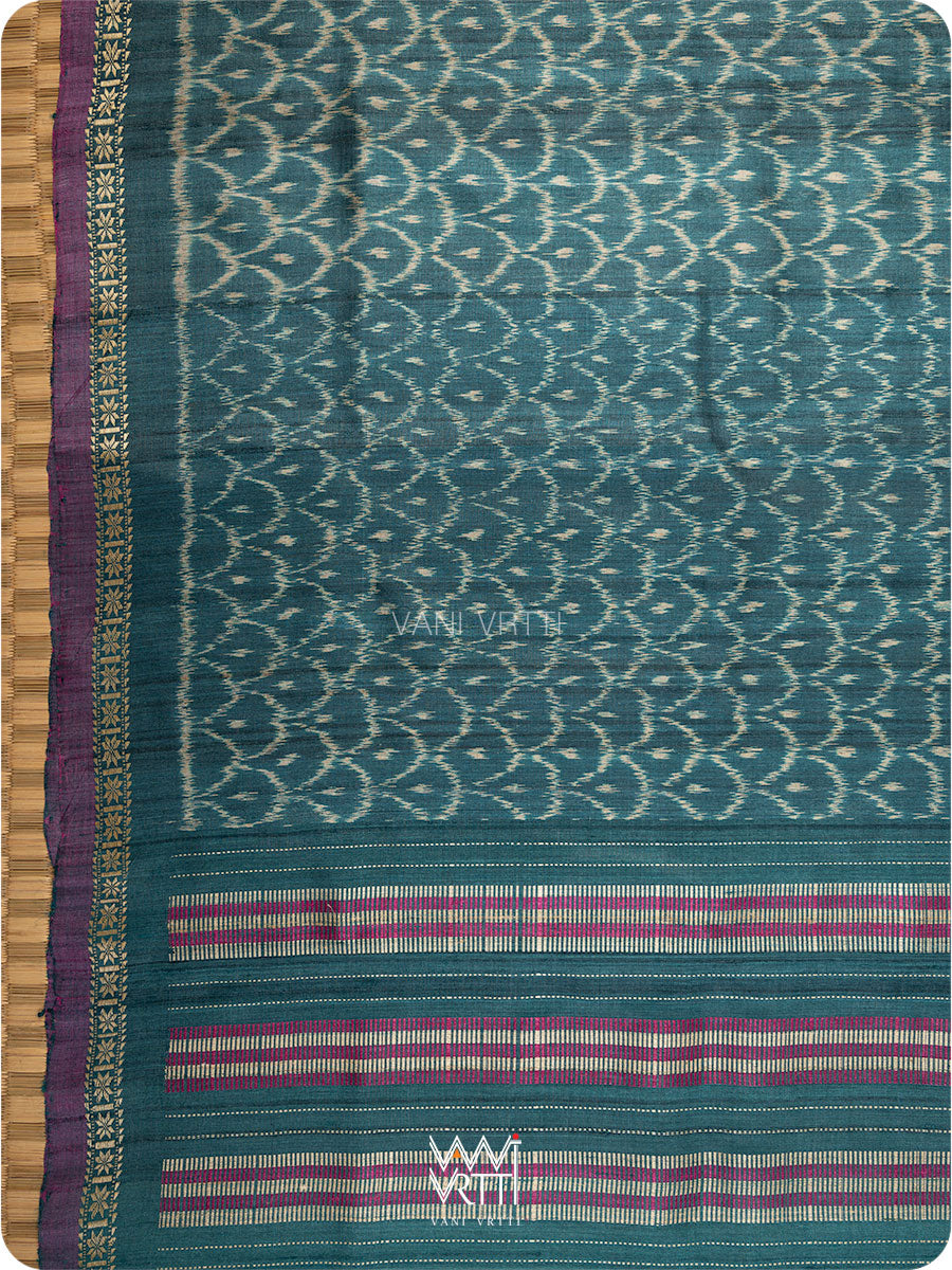 Deep Teal Samudra Lahar Ikat Handspun Tussar Silk Saree