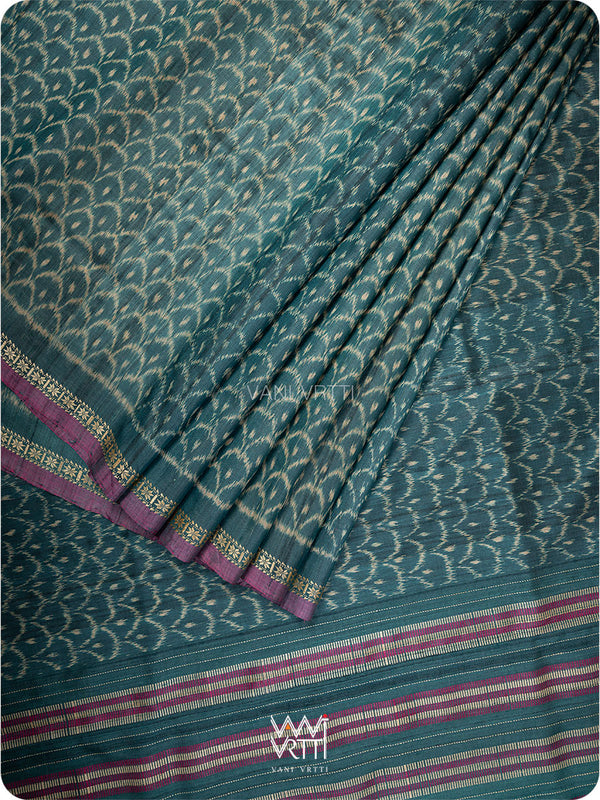 Deep Teal Samudra Lahar Ikat Handspun Tussar Silk Saree