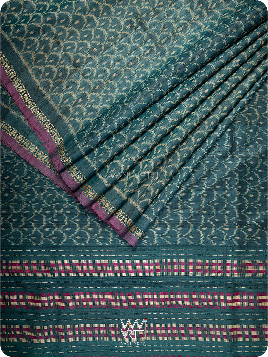 Deep Teal Samudra Lahar Ikat Handspun Tussar Silk Saree
