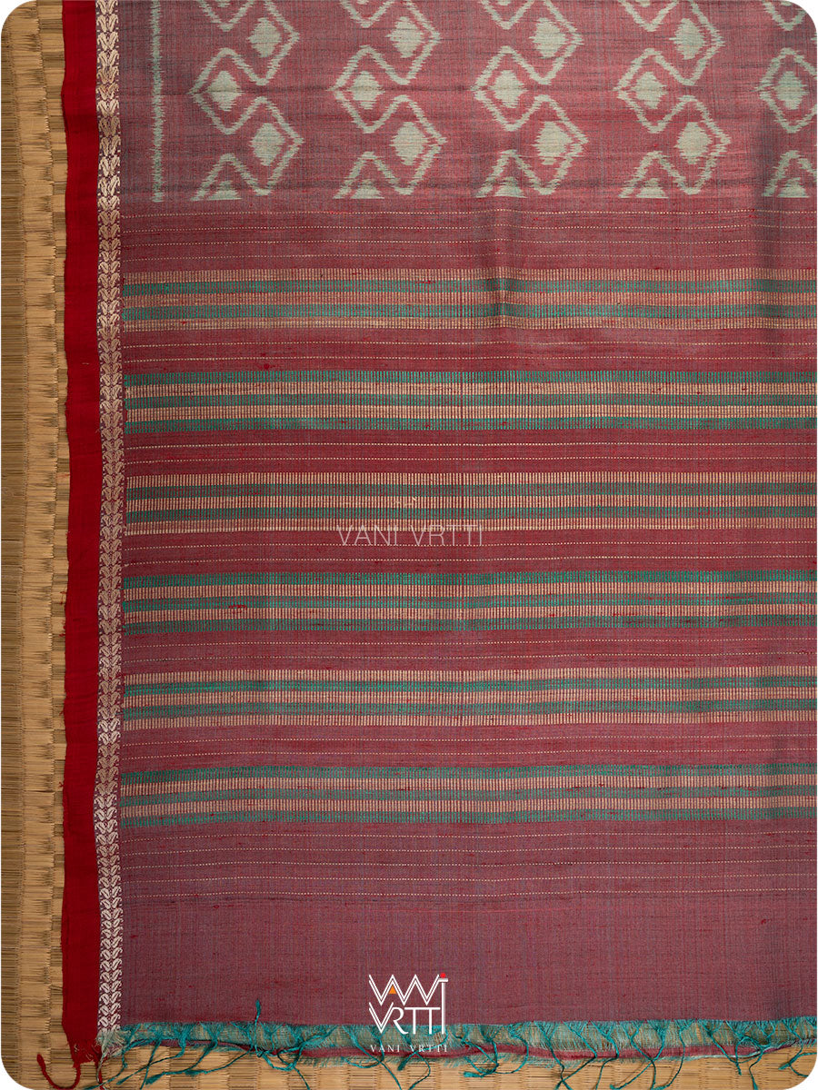 Red Firozi Santati Ikat Handspun Tussar Silk Saree