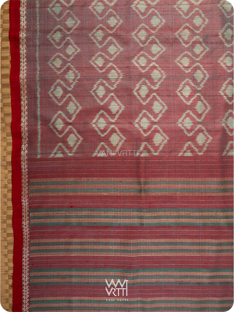 Red Firozi Santati Ikat Handspun Tussar Silk Saree